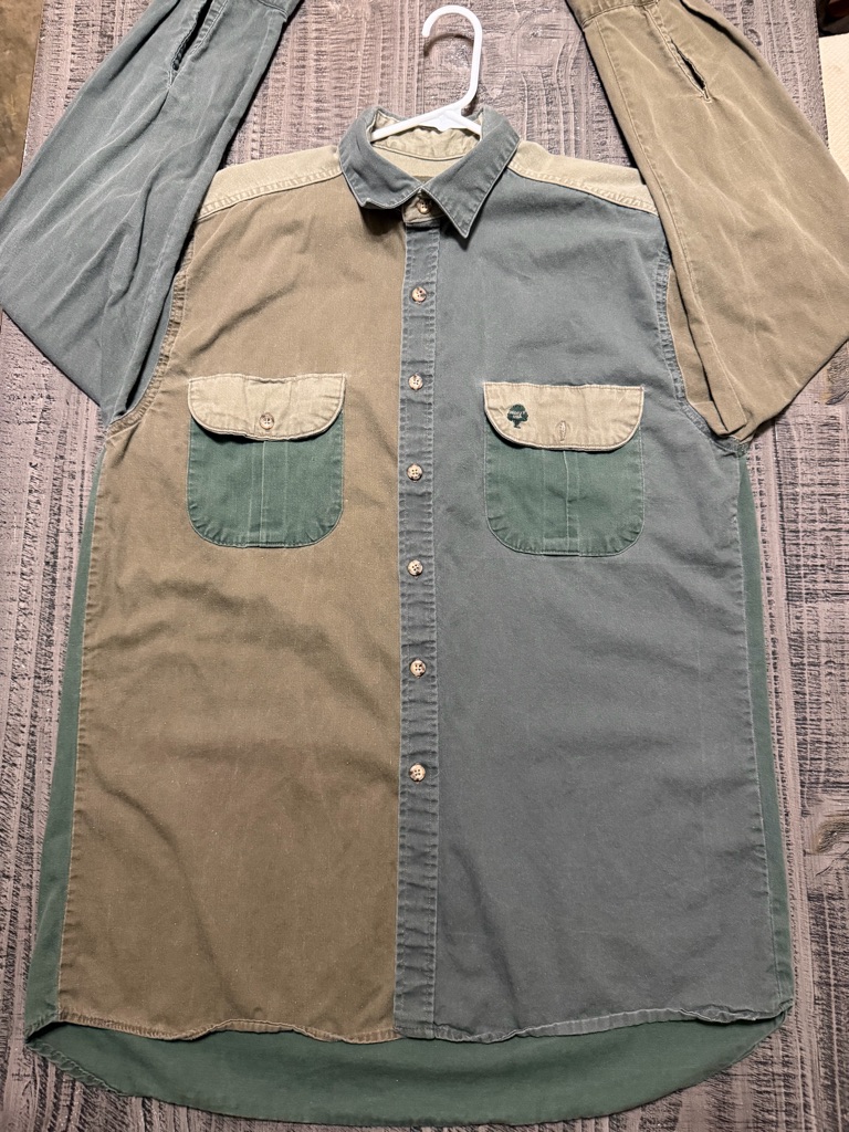 Rare Vtg. Early 90âs Colorblock Mossy Oak Button Down Shirt N Olive, Grey, Brown